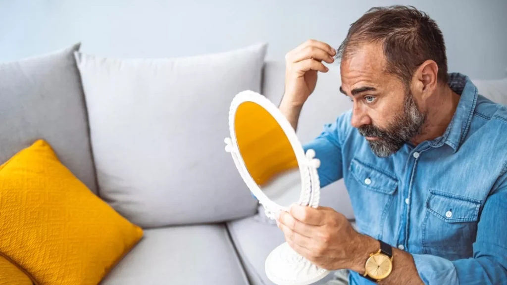 man with thinning hair looking into a mirror